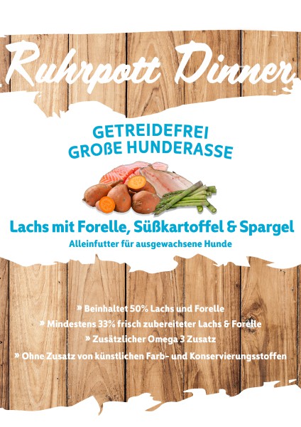 Ruhrpott Dinner Große Hunde Lachs mit Forelle, Süßkartoffel & Spargel